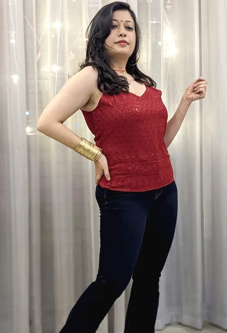 Maroon Chikan Embroidery Top