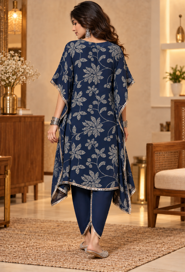 Navy Blue Printed Kaftan With Dhoti Pants
