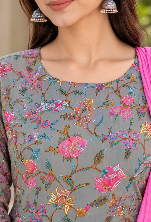 Floral Grey Anarkali Suit Set with Dupatta