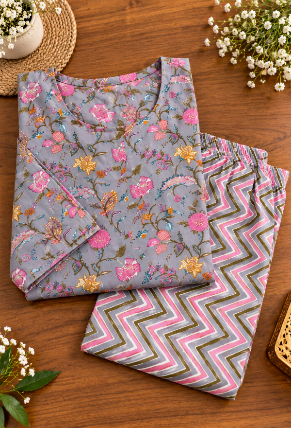 Grey Floral Printed Kurta Pant Set
