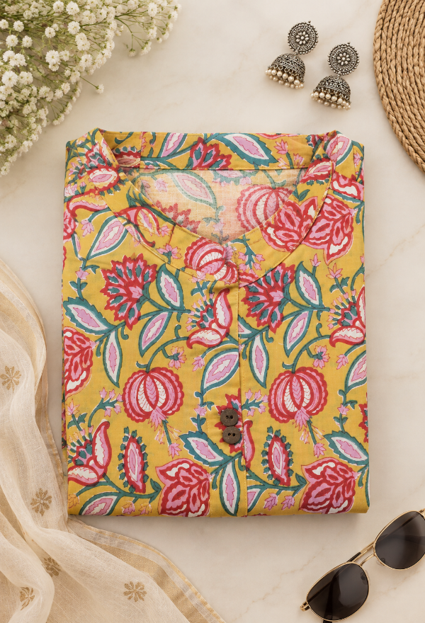 Mustard Yellow Floral Printed Kurta
