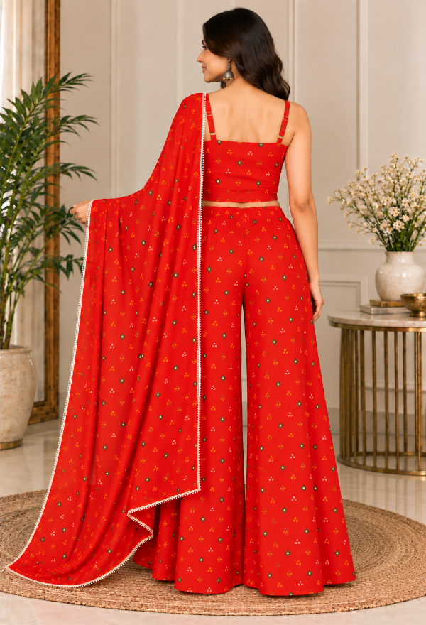Red printed Top Palazzo And Dupatta set
