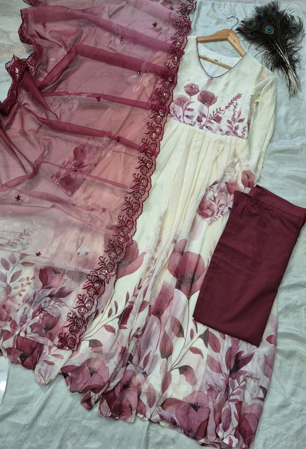 Georgette Anarkali 3pc suit set with Scalloped Dupatta