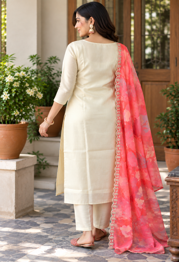 Cream Cotton Embroidered Suit Set