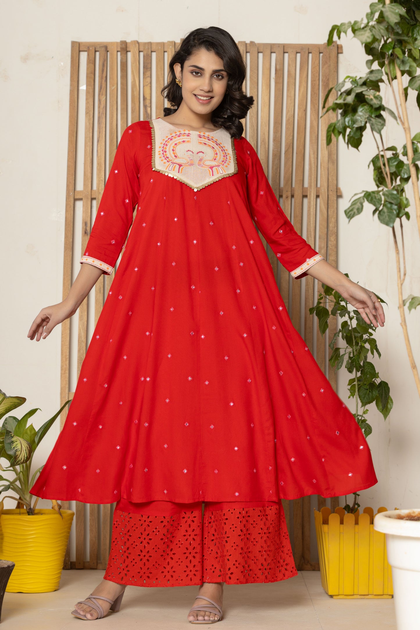 Red Embroidered Kurta Plazzo Set