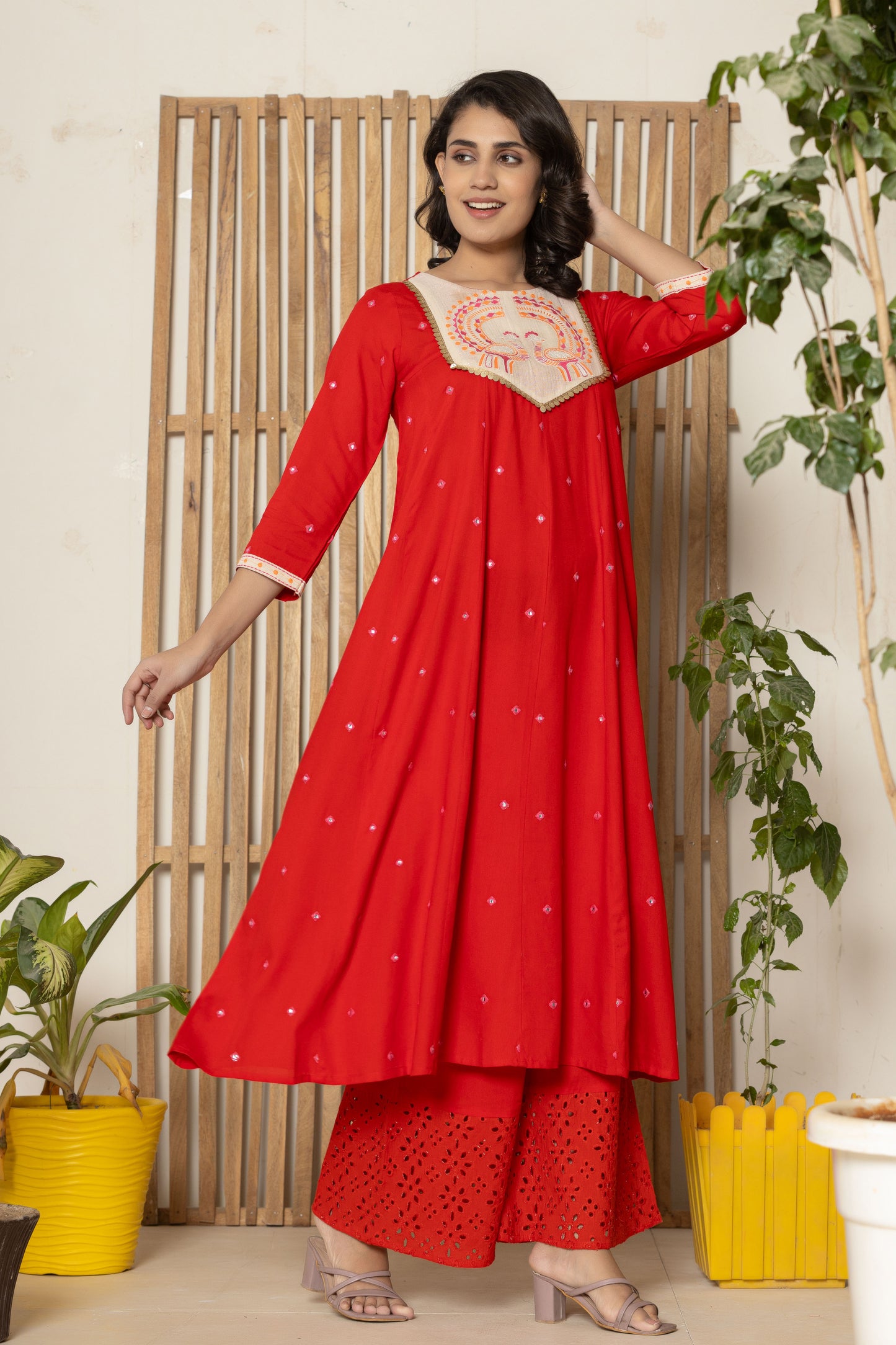 Red Embroidered Kurta Plazzo Set