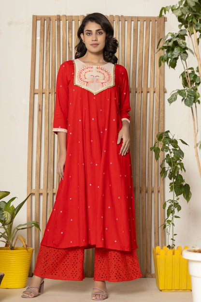 Red Embroidered Kurta Plazzo Set