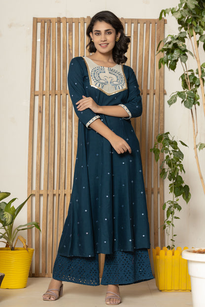 Blue Embroidered Kurta Plazzo Set