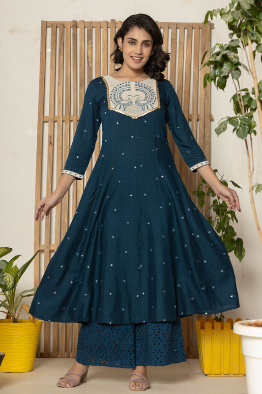 Blue Embroidered Kurta Plazzo Set