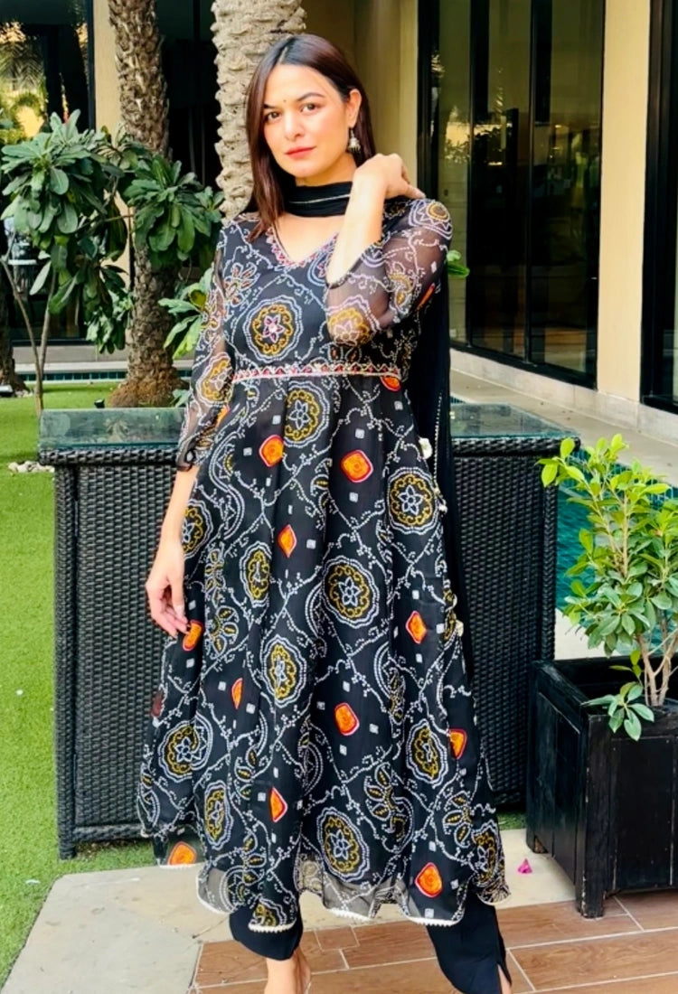 Black Bandhani Anarkali Suit Set