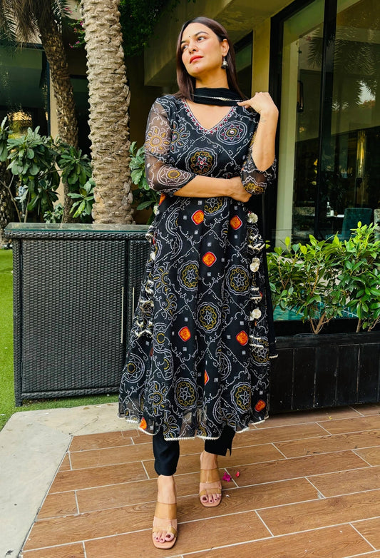 Black Bandhani Anarkali Suit Set