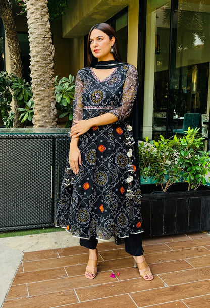 Black Bandhani Anarkali Suit Set
