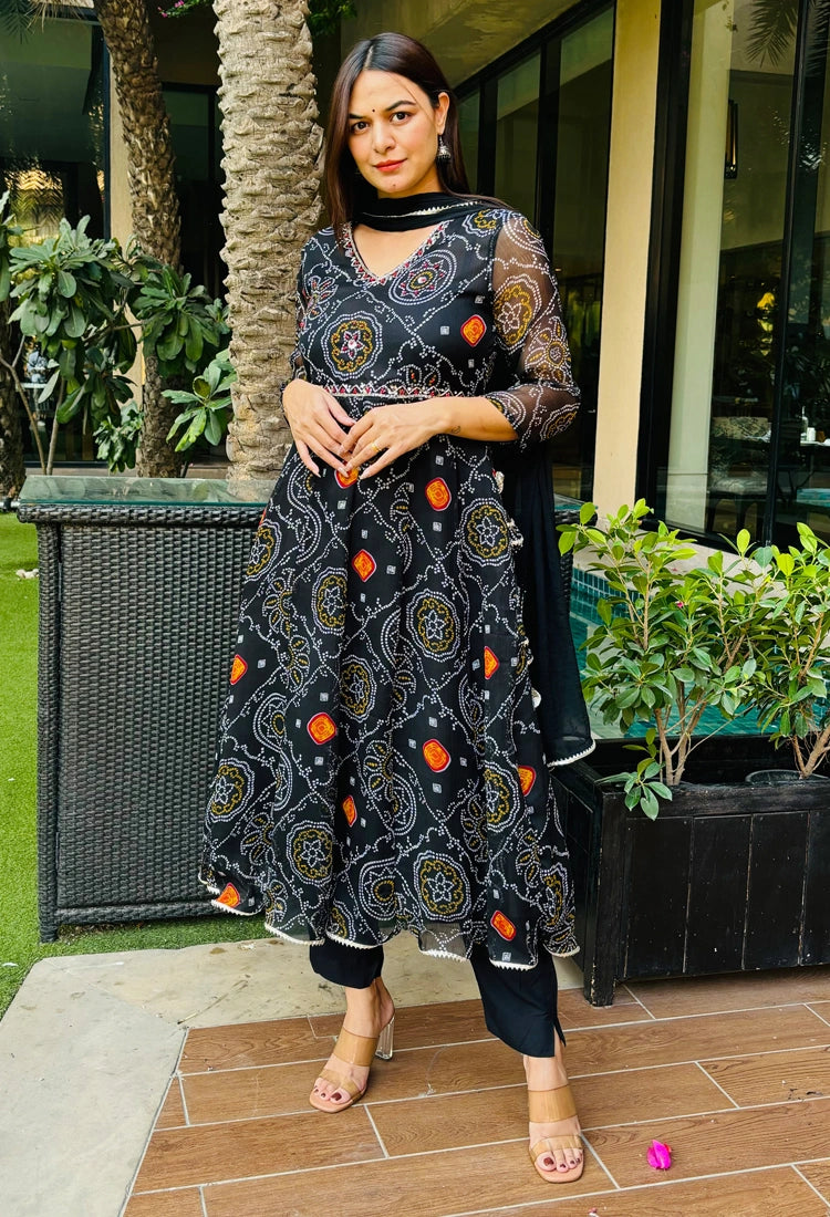 Black Bandhani Anarkali Suit Set