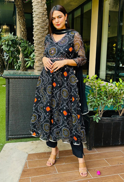 Black Bandhani Anarkali Suit Set