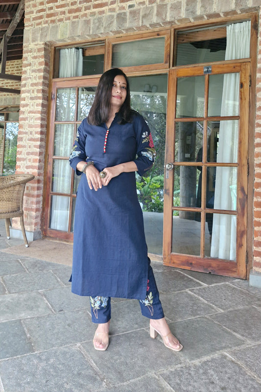 Blue Embroidered Kurta Pant Set