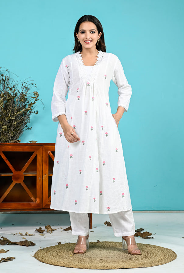 White Pink Embroidery Kurta Pant Set
