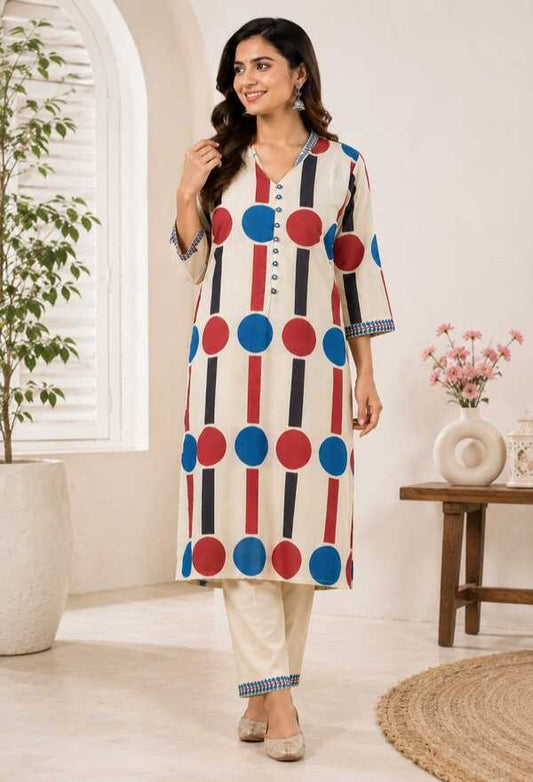 Geometric Print Cream Kurta Set
