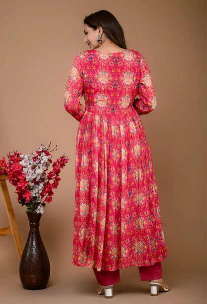 Pink Printed Alia Cut Suit Set