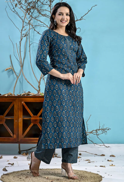 Blue Printed Cotton Suit Set