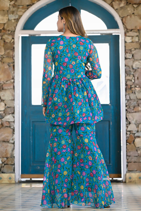 Blue floral sharara set