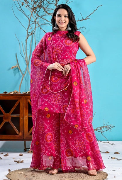 Pink Bandhani Paplum Sharara Set