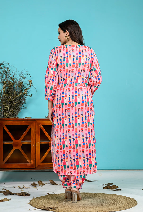 Pink Printed Cotton kurta Pants Set