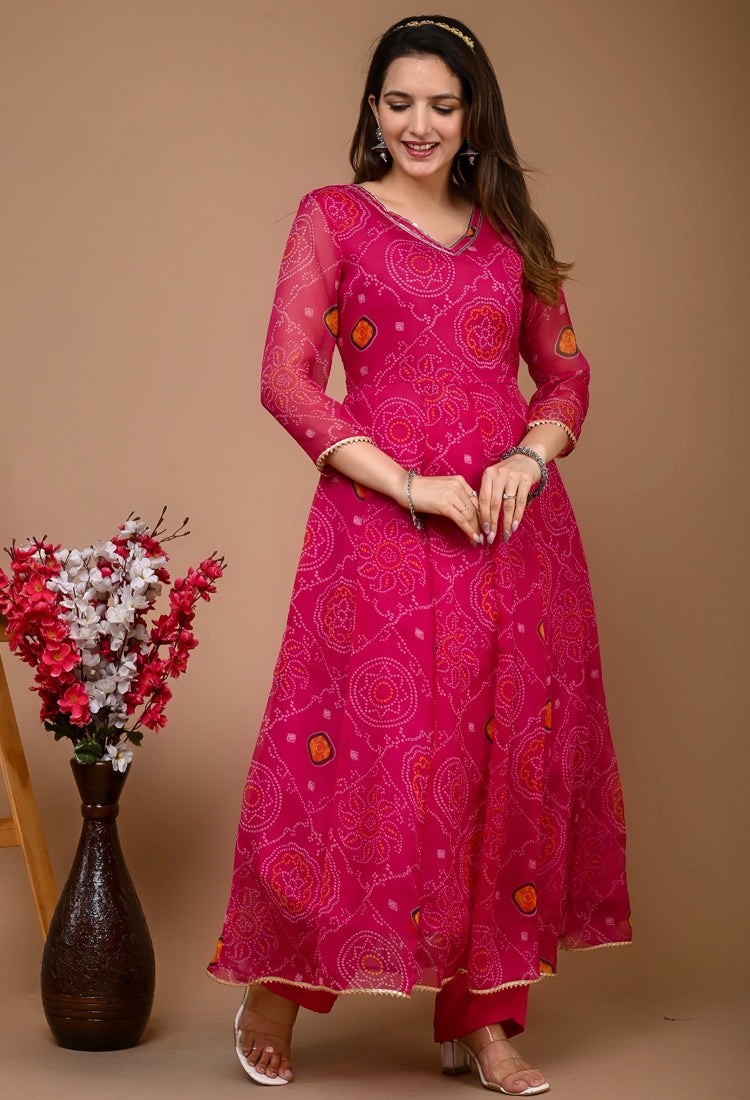 Pink Bandhani Anarkali Suit Set