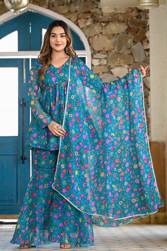 Blue floral sharara set