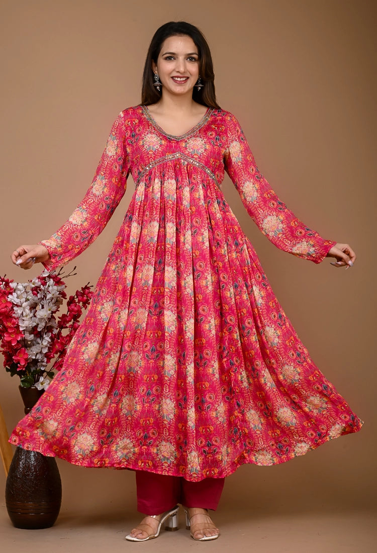 Pink Printed Alia Cut Suit Set