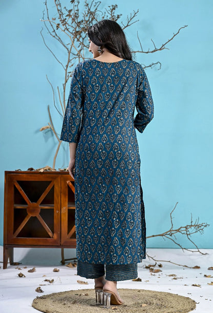 Blue Printed Cotton Suit Set