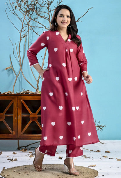 Maroon Heart Printed Co-Ord Set