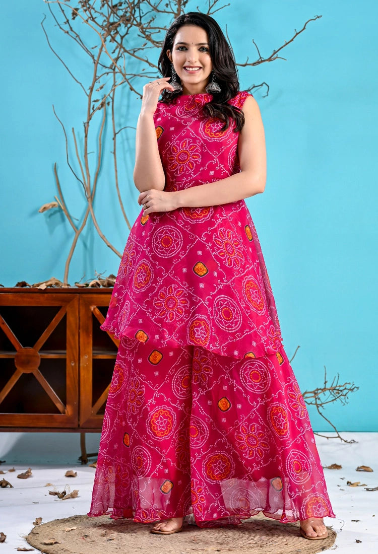 Pink Bandhani Paplum Sharara Set