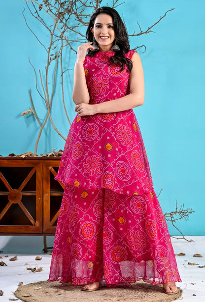 Pink Bandhani Paplum Sharara Set