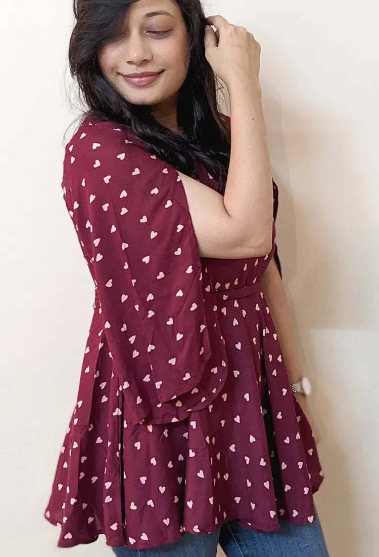 Maroon Heart Print Top
