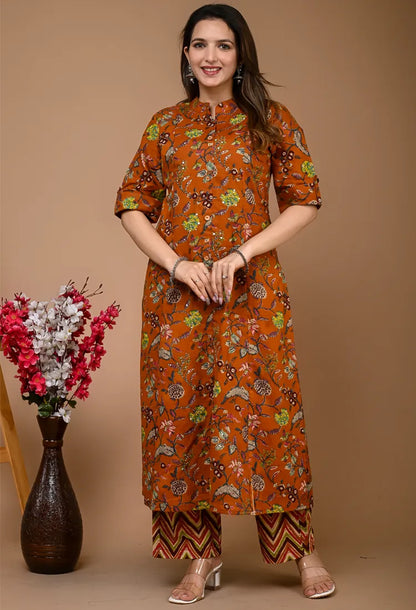 Brown Printed Kurta Pant Set