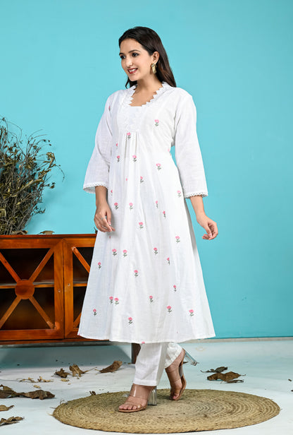White Pink Embroidery Kurta Pant Set