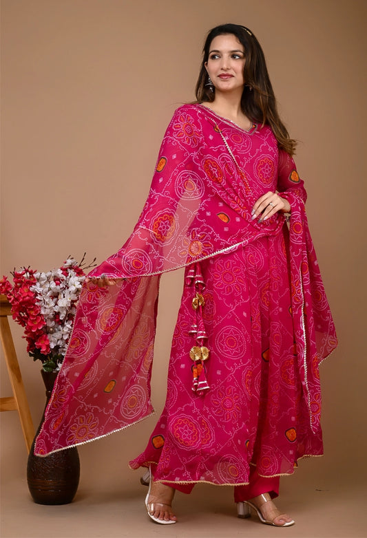 Pink Bandhani Anarkali Suit Set