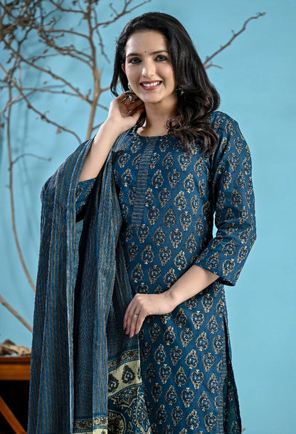 Teal Printed Cotton Suit Set