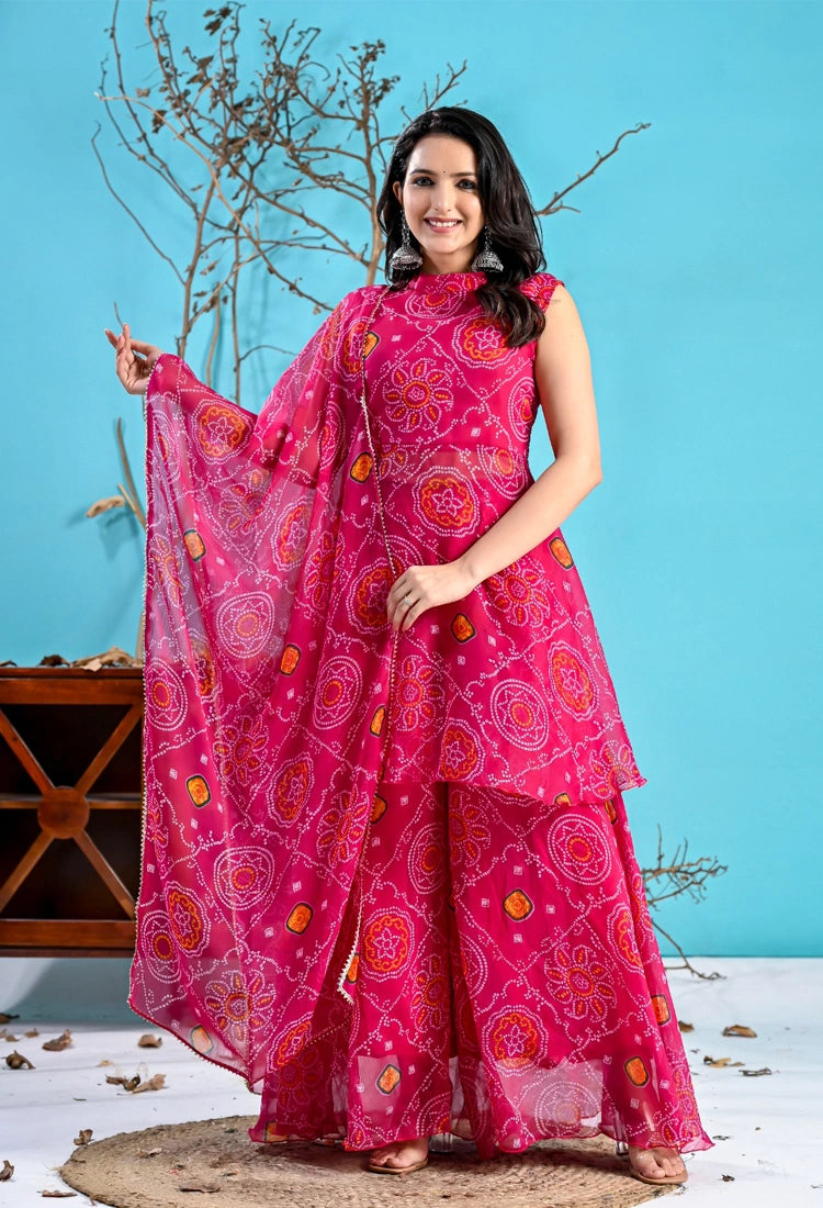 Pink Bandhani Paplum Sharara Set