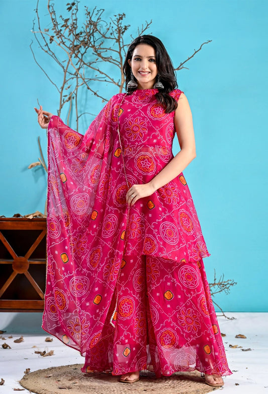Pink Bandhani Paplum Sharara Set