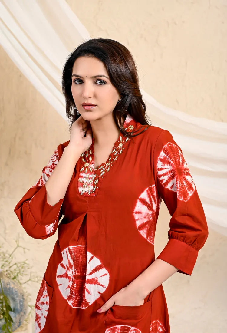 Rust tie-dye kurta pant set