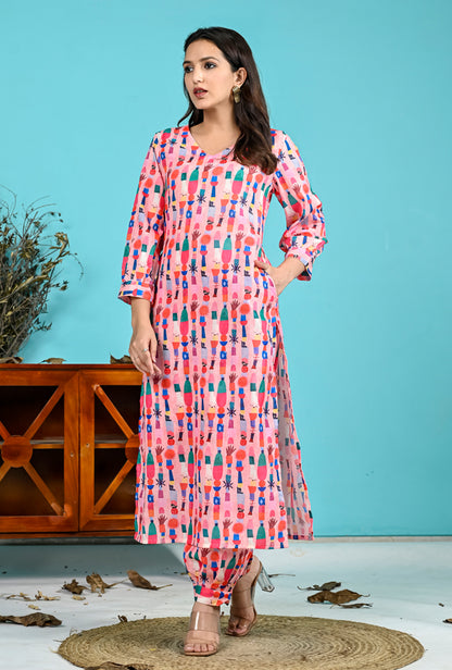 Pink Printed Cotton kurta Pants Set