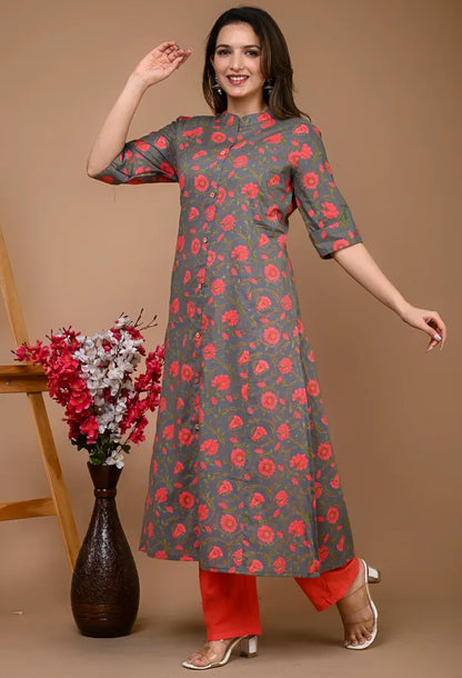 Gray Floral Kurta Pant Set