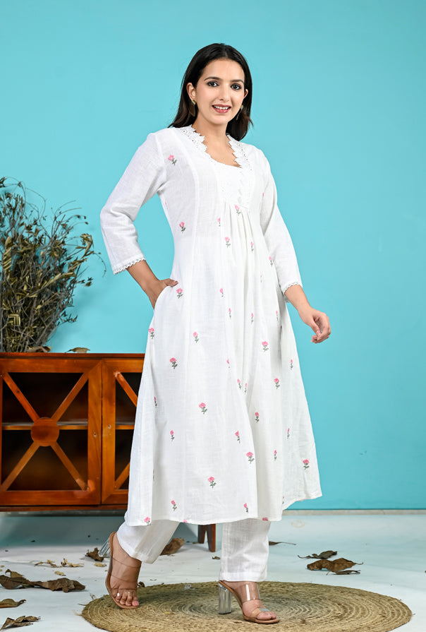 White Pink Embroidery Kurta Pant Set