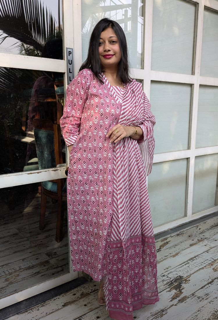 Pink Printed Kurta with Dupatta