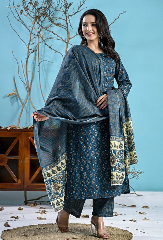 Teal Printed Cotton Suit Set