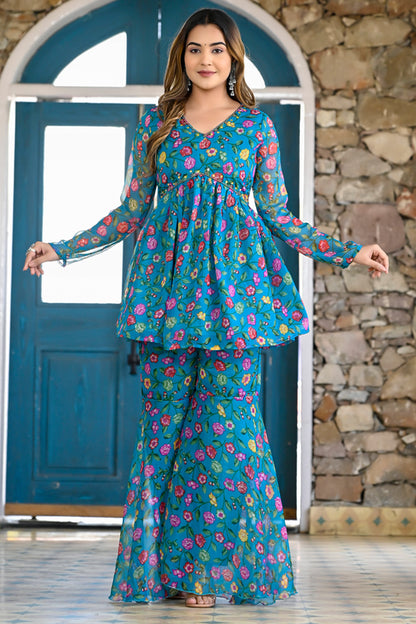 Blue floral sharara set