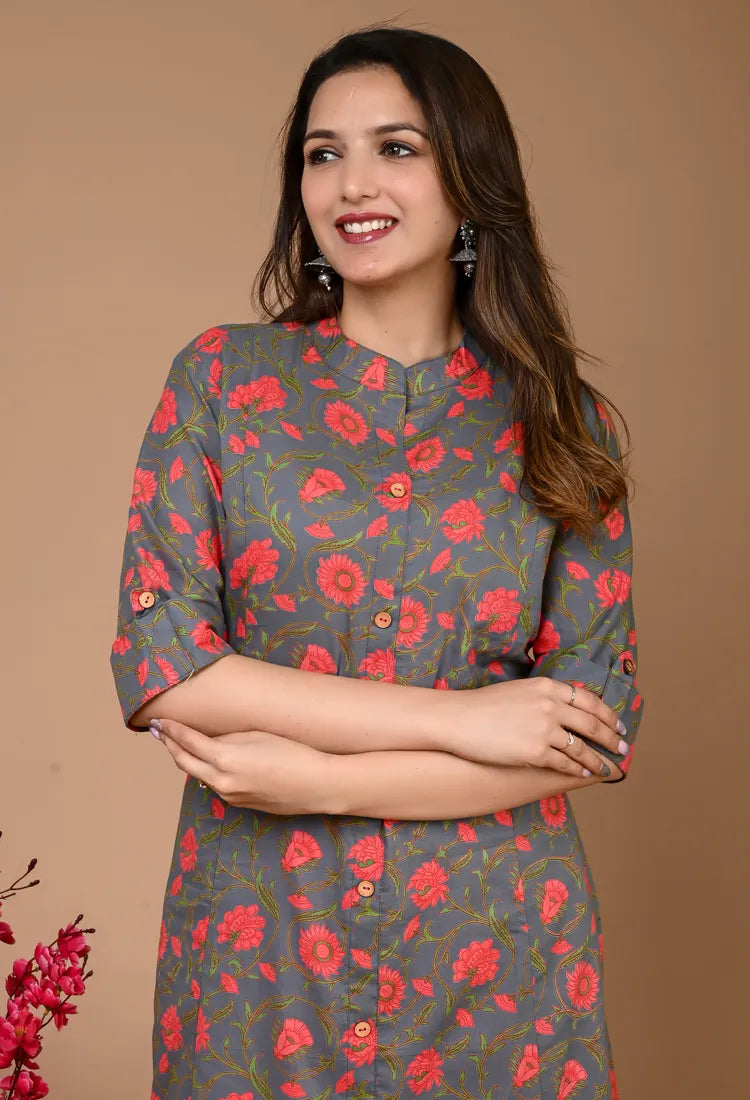 Gray Floral Kurta Pant Set