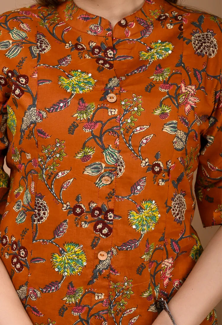 Brown Printed Kurta Pant Set