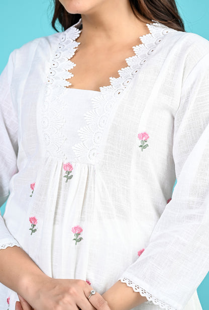 White Pink Embroidery Kurta Pant Set